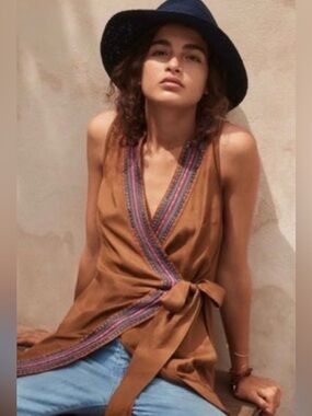 Anthropologie Western Cowgirl Bronze Flowy Wrap Tunic 70’s Hippie Embroidery SM